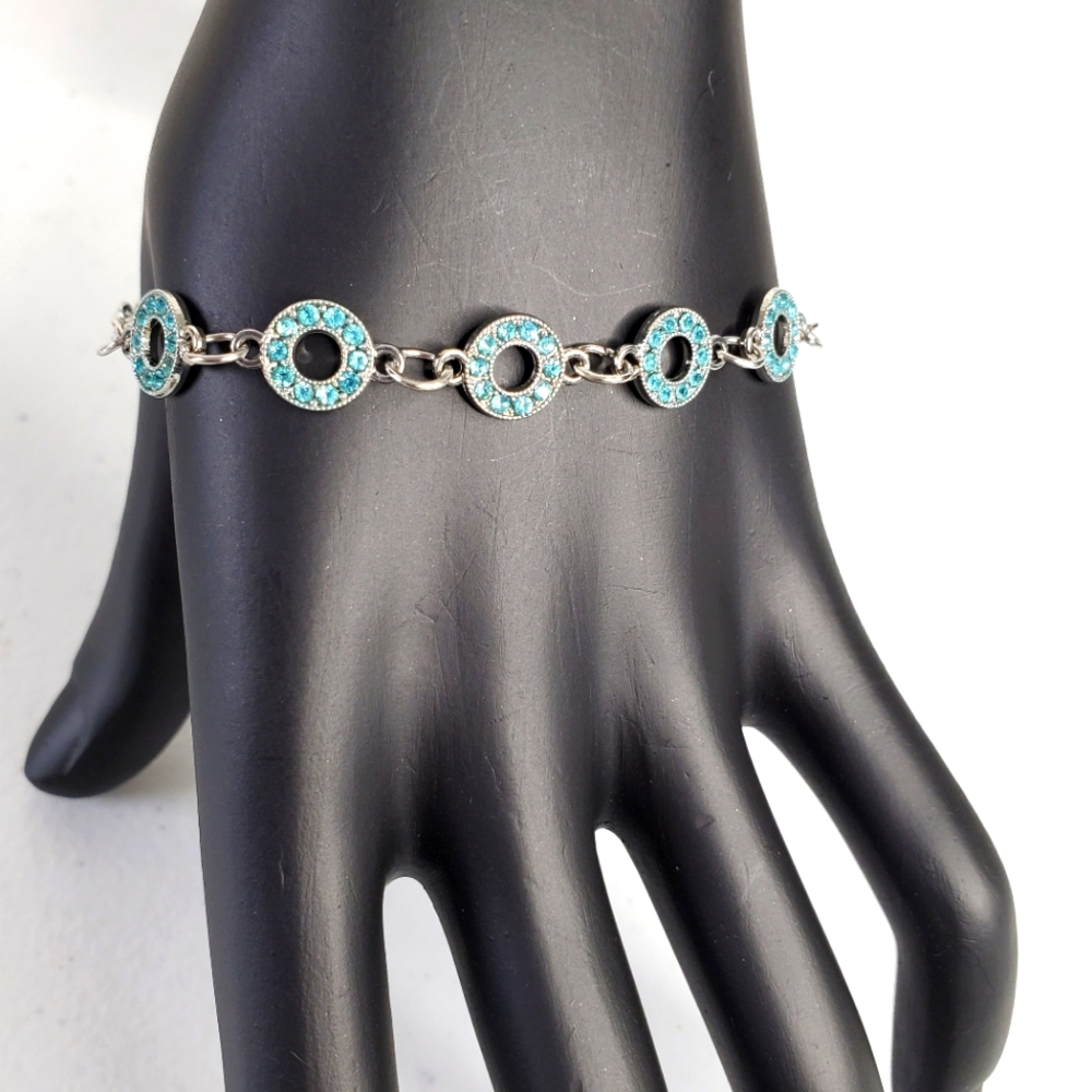Silver Tone Chain Bracelet Teal Rhinestone Circles